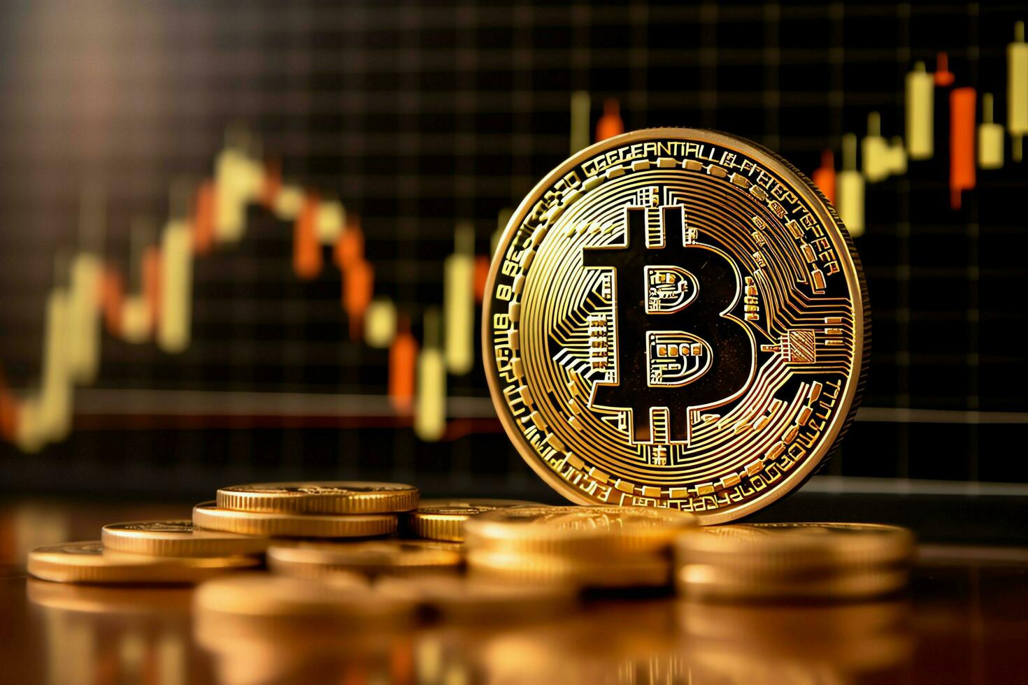 Golden bitcoin digital cryptocurrency futuristic money. Technology business internet trading concept by AI Generated photo