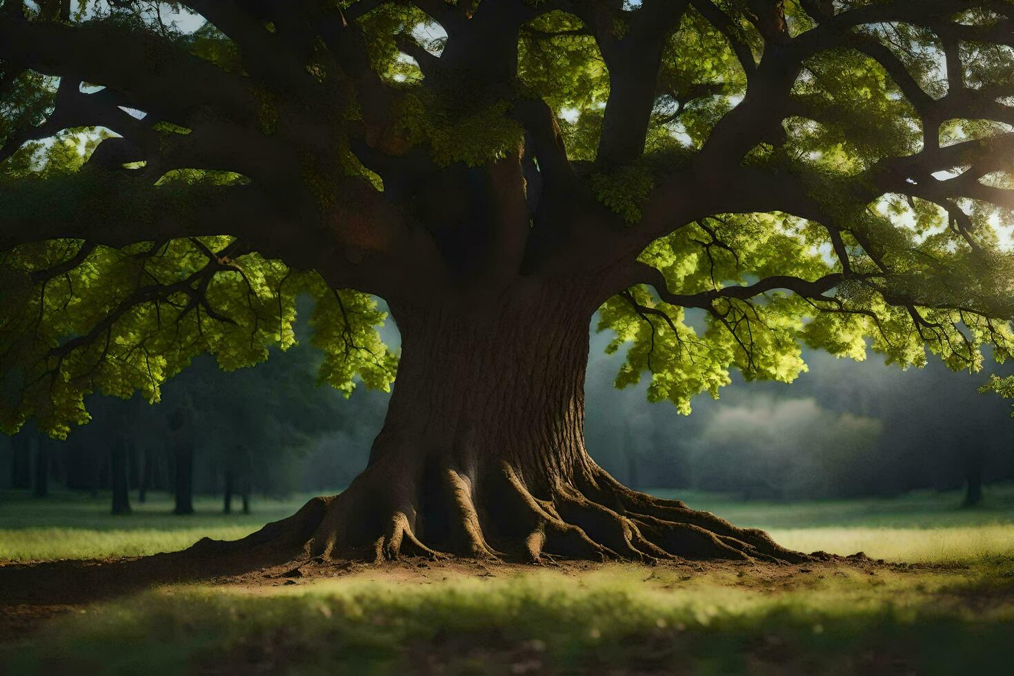 the sun shines through the trunk of a large tree. AI-Generated photo