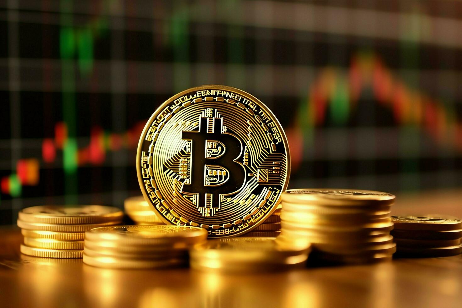 Golden bitcoin digital cryptocurrency futuristic money. Technology business internet trading concept by AI Generated photo