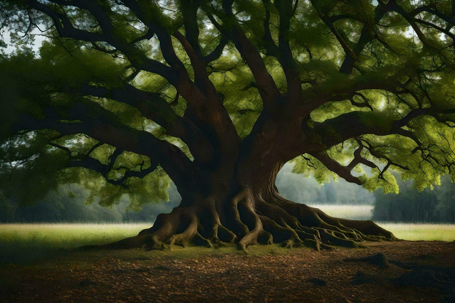 an old oak tree in the middle of a field. AI-Generated photo