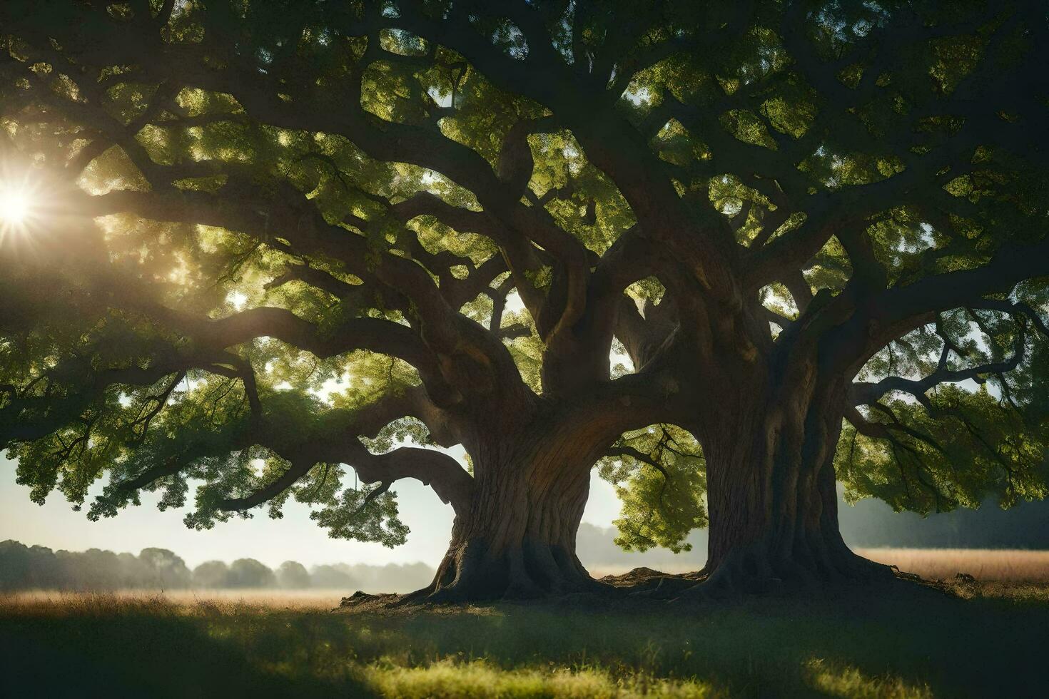 the sun shines through the branches of an old oak tree. AI-Generated photo