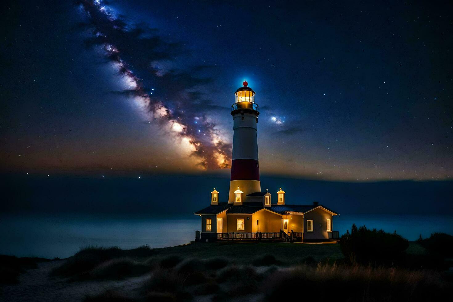 the lighthouse at night with stars in the sky. AI-Generated photo