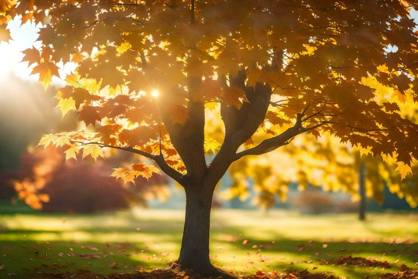 a tree in the middle of an autumn park. AI-Generated photo