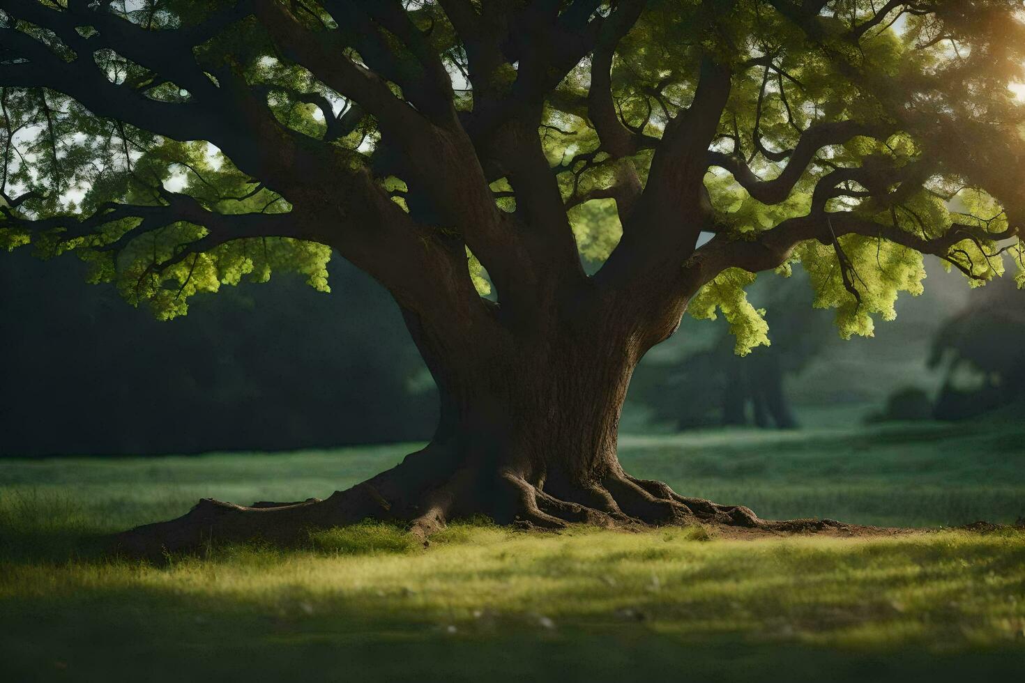 the sun shines through the tree in the middle of a field. AI-Generated photo