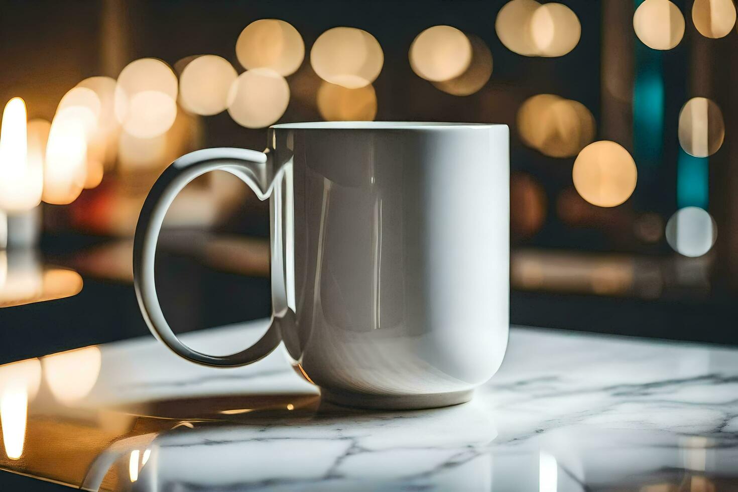 a white coffee mug on a marble table. AI-Generated photo