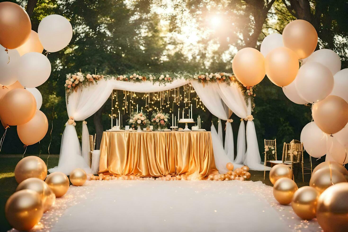 wedding decorations with gold and white balloons. AI-Generated photo