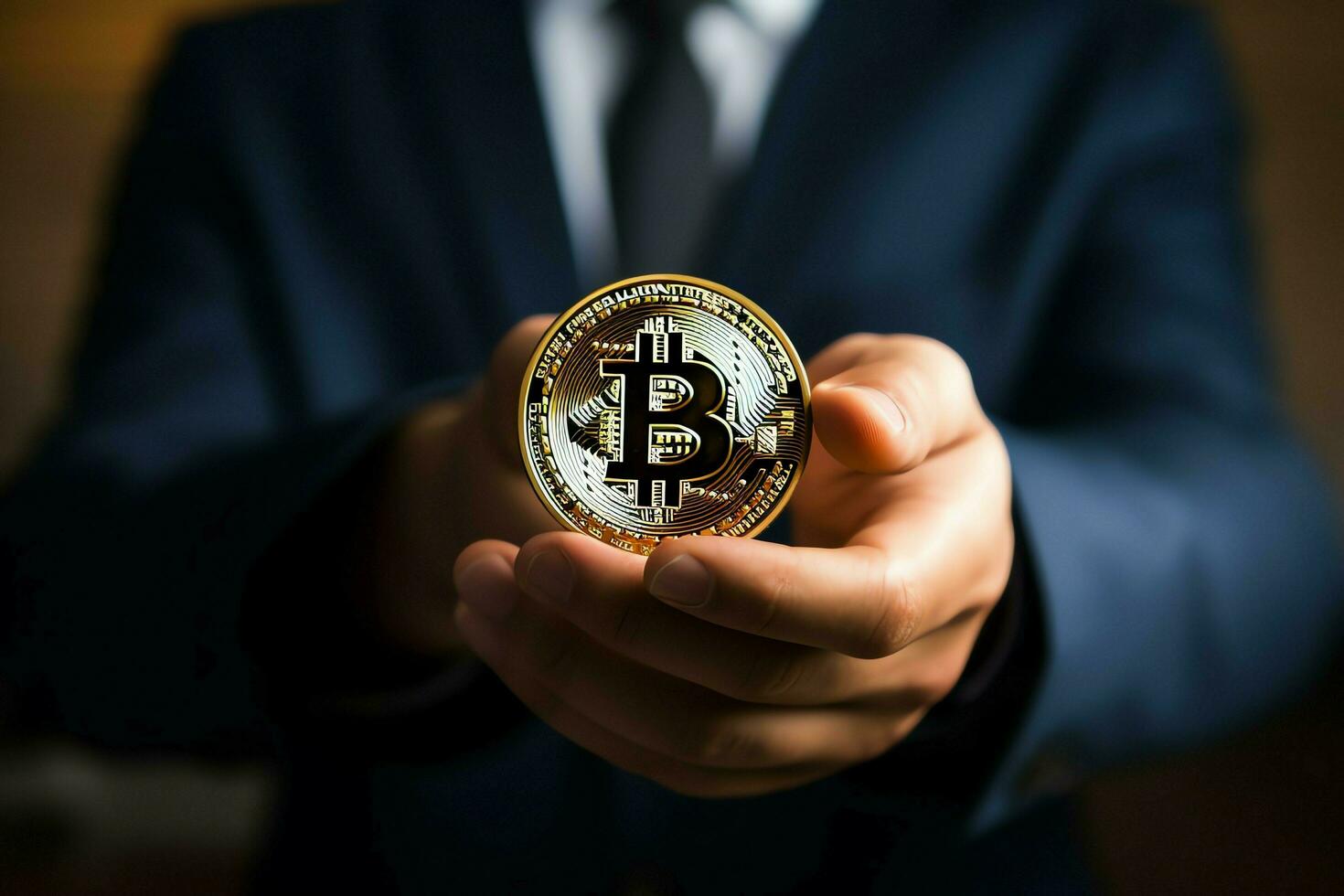 Golden bitcoin digital cryptocurrency futuristic money. Technology business internet trading concept by AI Generated photo