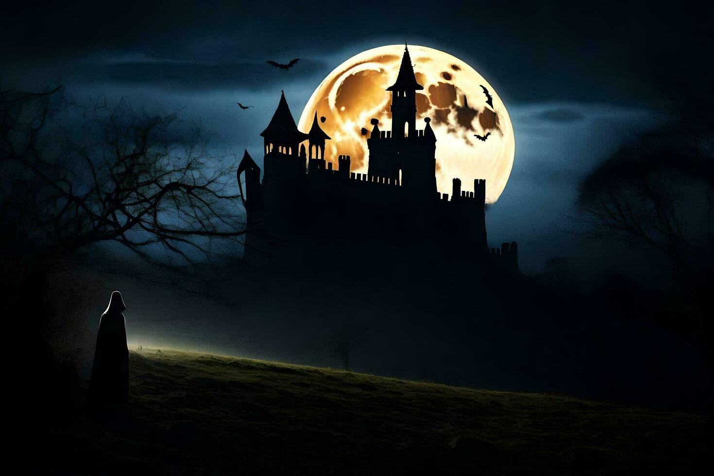 a castle in the dark with a full moon. AI-Generated photo