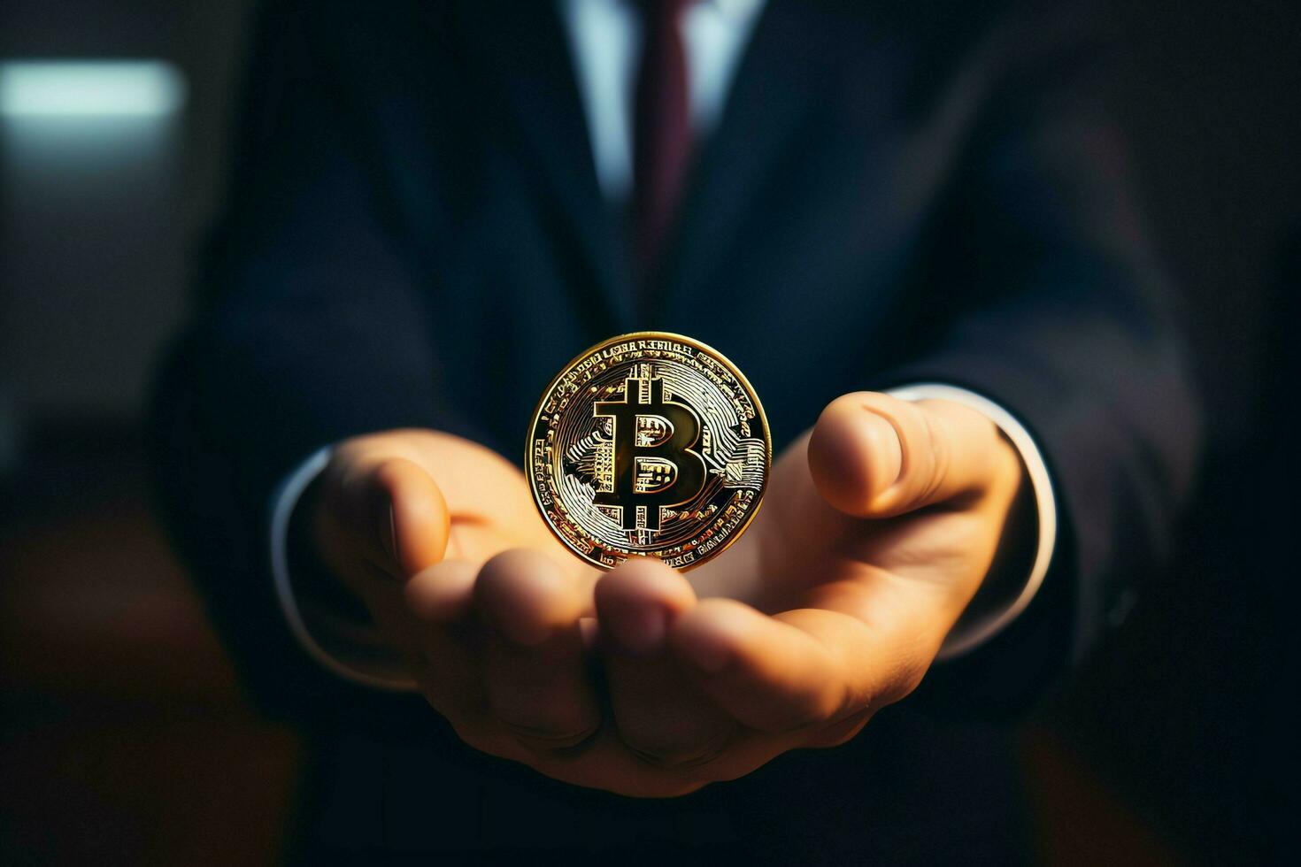 Golden bitcoin digital cryptocurrency futuristic money. Technology business internet trading concept by AI Generated photo