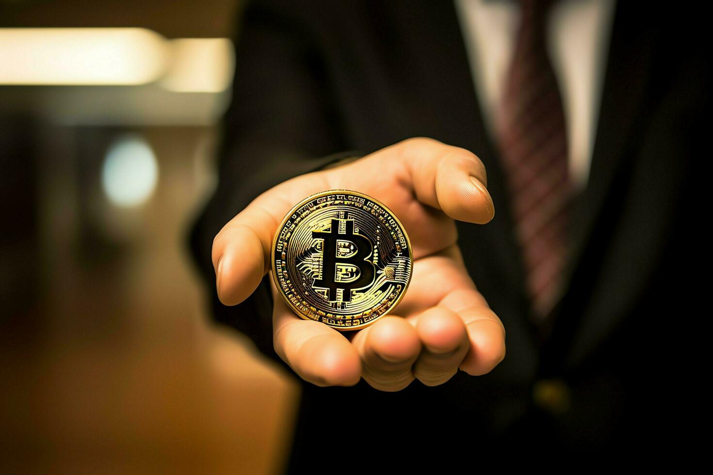 Golden bitcoin digital cryptocurrency futuristic money. Technology business internet trading concept by AI Generated photo