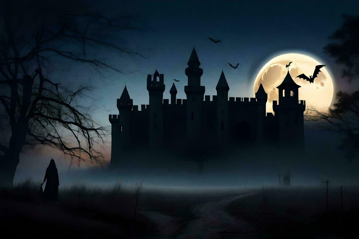 halloween castle in the night with bats flying over it. AI-Generated photo