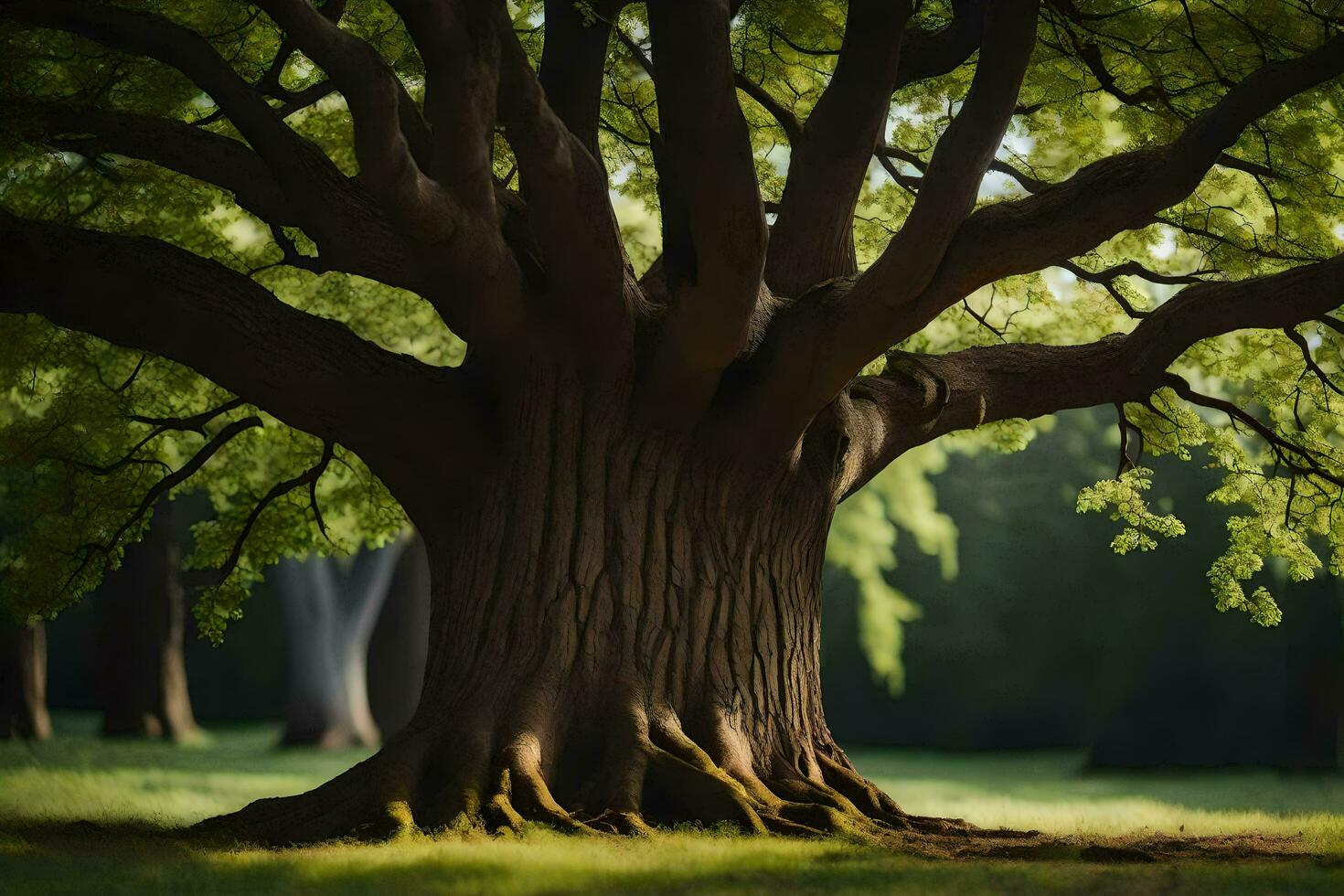 a large tree in the middle of a field. AI-Generated photo