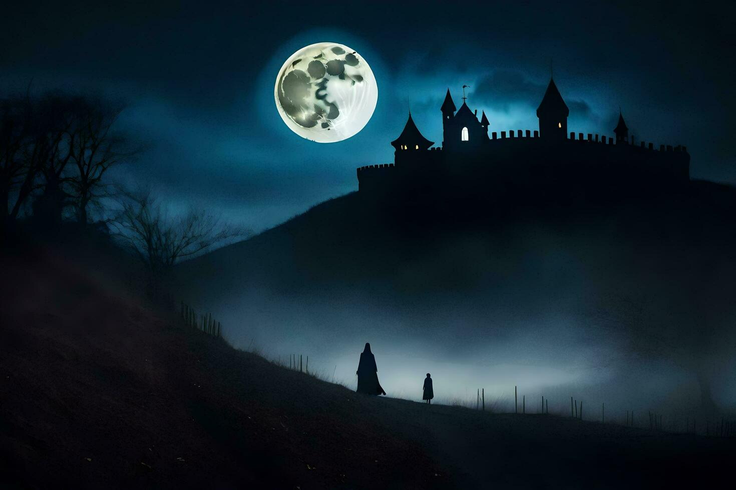 a castle in the dark with a full moon. AI-Generated photo