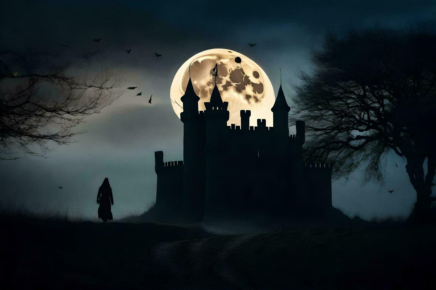 a castle in the dark with a full moon. AI-Generated photo