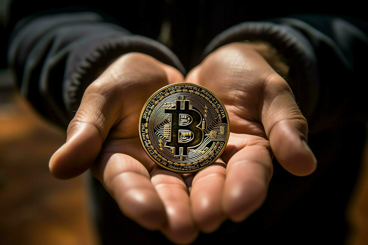 Golden bitcoin digital cryptocurrency futuristic money. Technology business internet trading concept by AI Generated photo