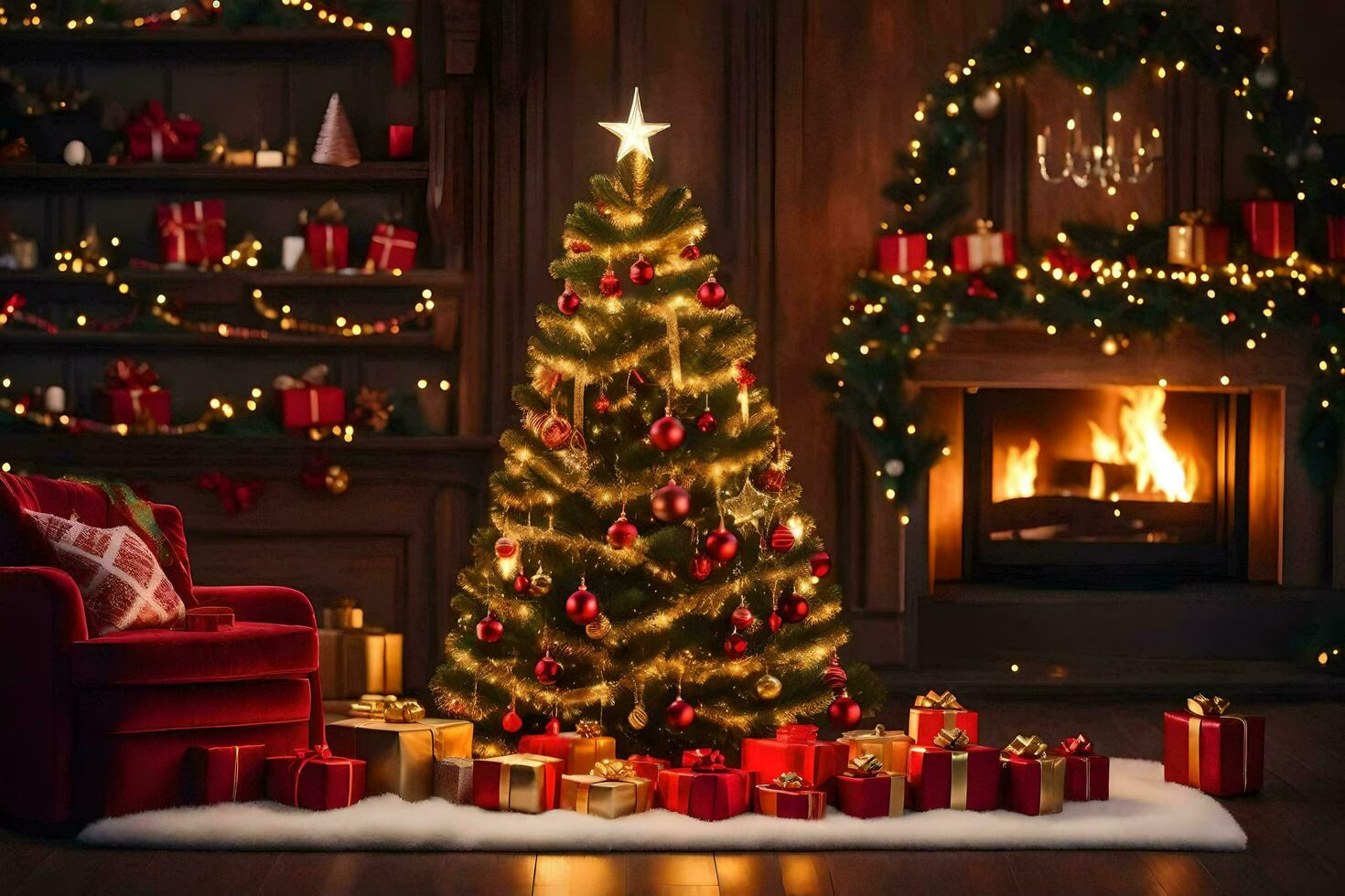 christmas tree in a living room with presents. AI-Generated photo