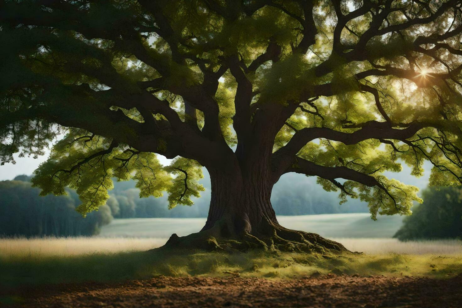 the sun shines through the leaves of an oak tree. AI-Generated photo