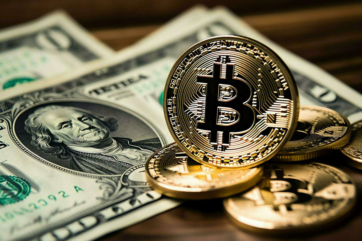Golden bitcoin digital cryptocurrency futuristic money. Technology business internet trading concept by AI Generated photo