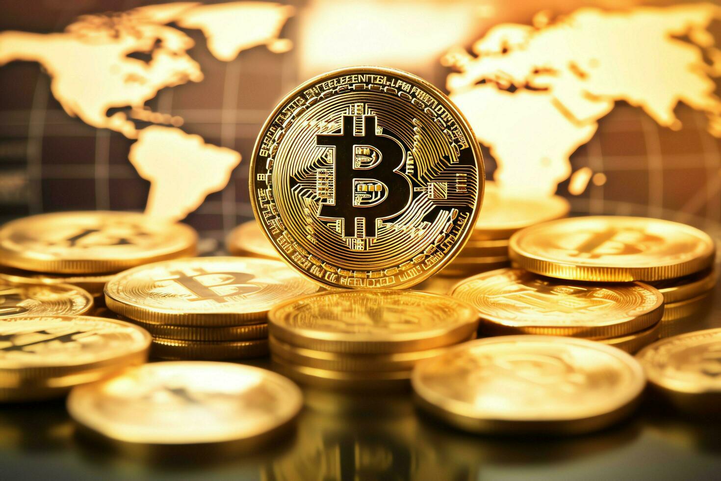 Golden bitcoin digital cryptocurrency futuristic money. Technology business internet trading concept by AI Generated photo