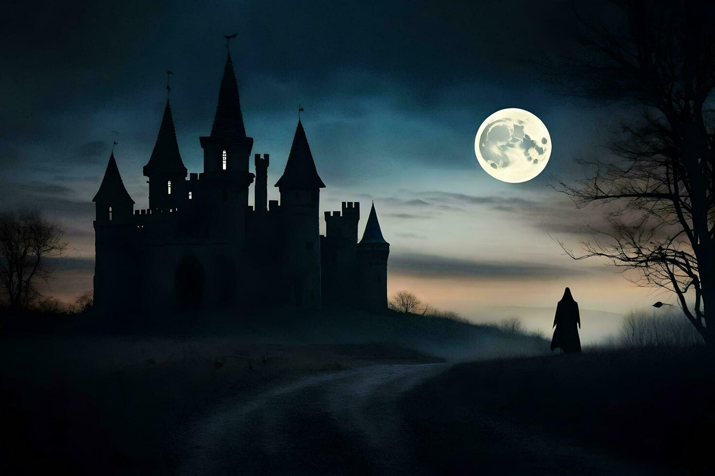 a castle in the dark with a full moon. AI-Generated photo