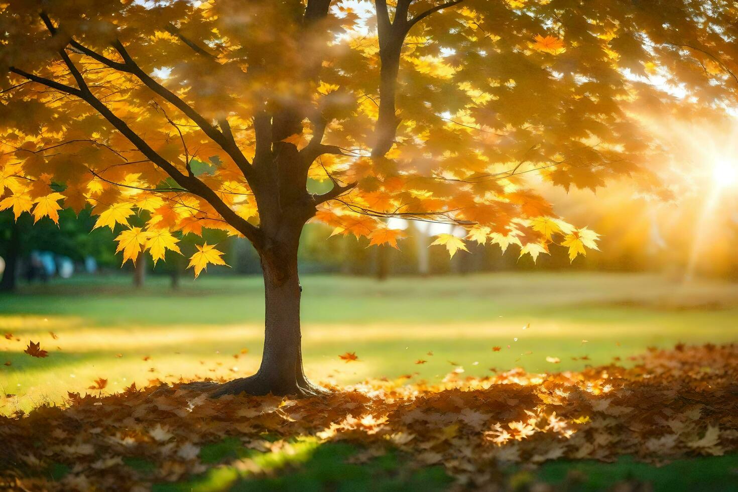 a tree in the middle of a field with leaves falling. AI-Generated photo