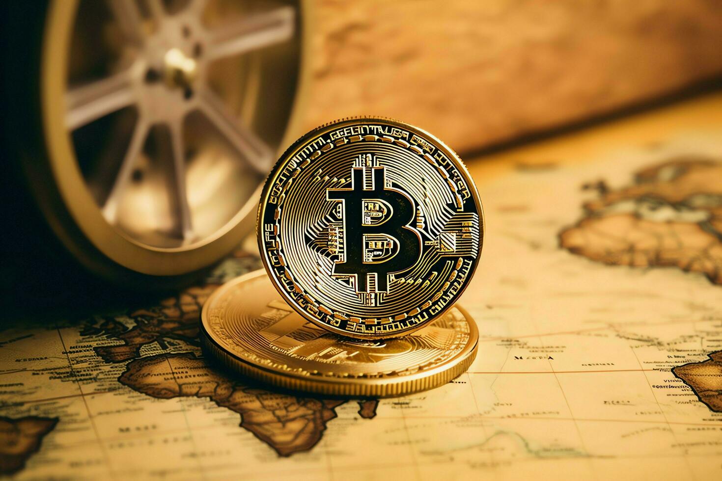 Golden bitcoin digital cryptocurrency futuristic money. Technology business internet trading concept by AI Generated photo