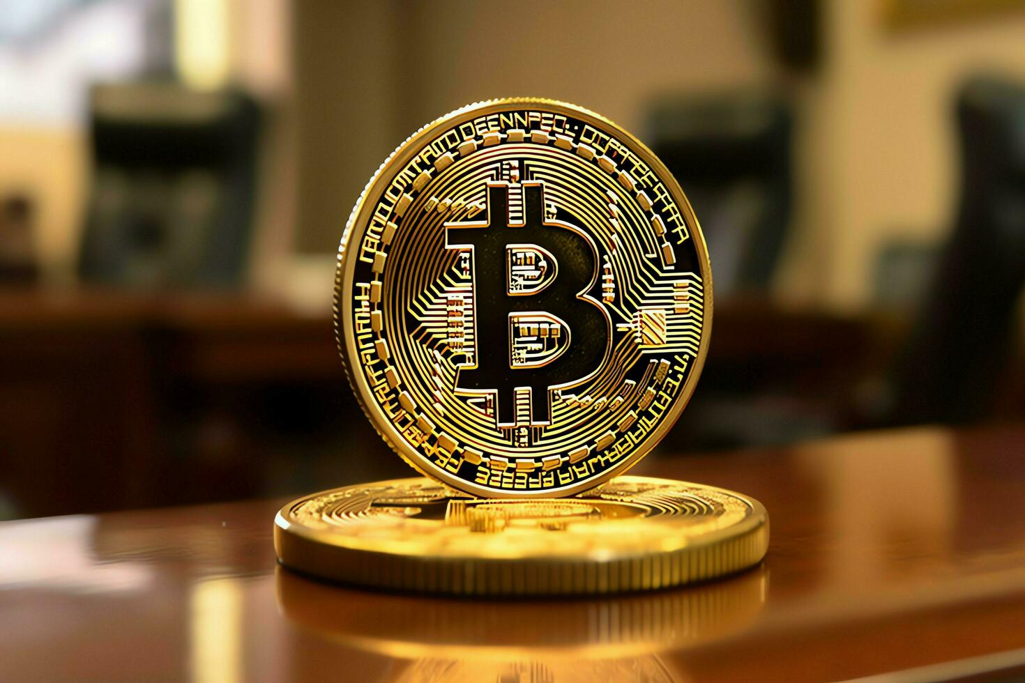 Golden bitcoin digital cryptocurrency futuristic money. Technology business internet trading concept by AI Generated photo