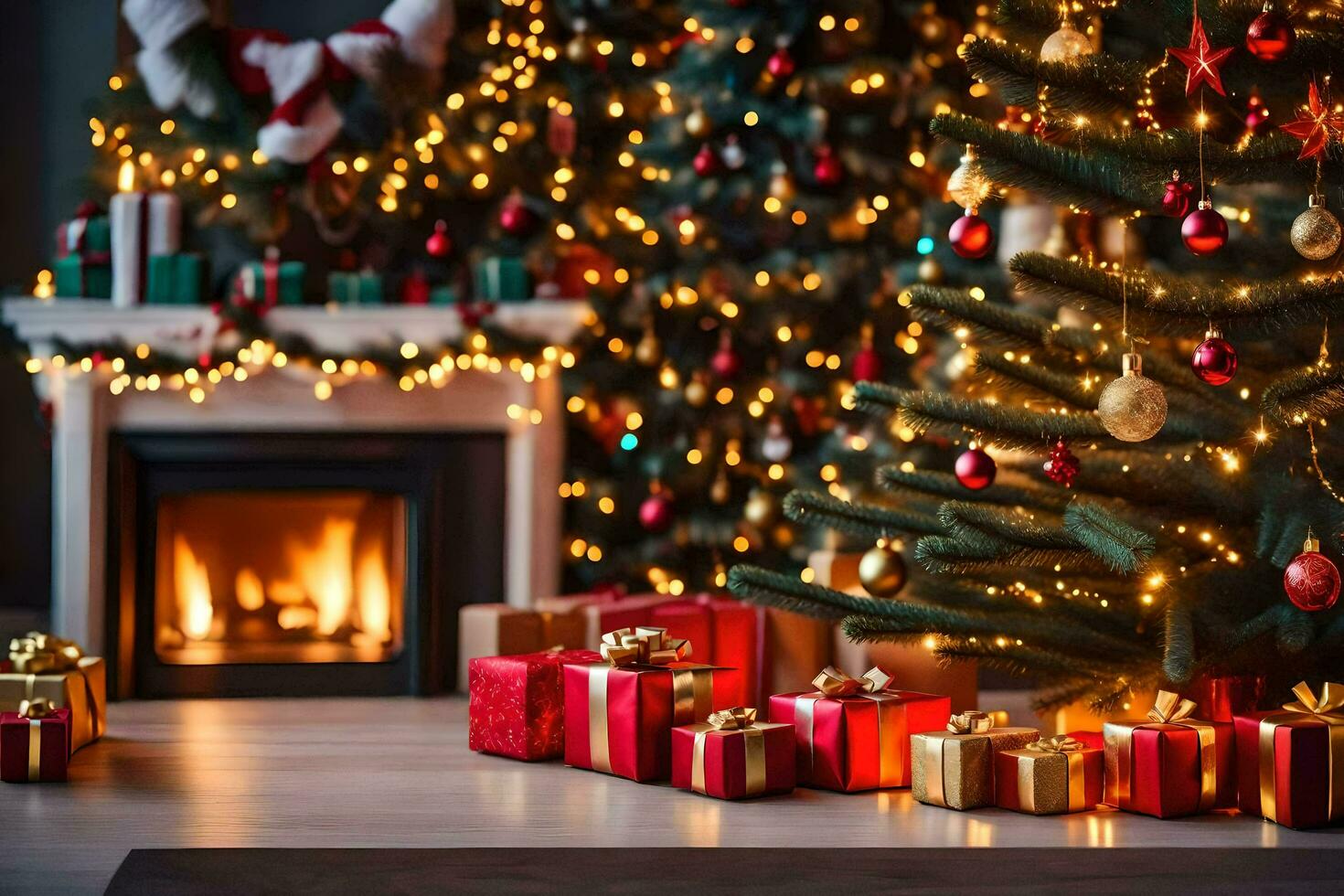 christmas tree and presents in front of fireplace. AI-Generated photo