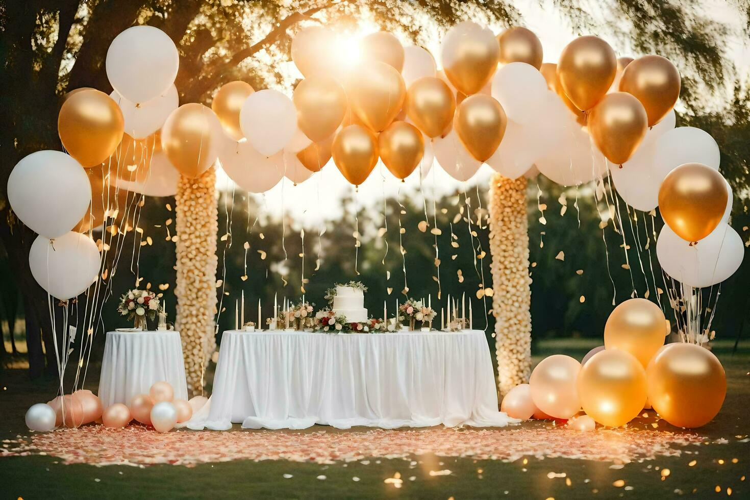 un Boda mesa cubierto en oro y blanco globos generado por ai foto