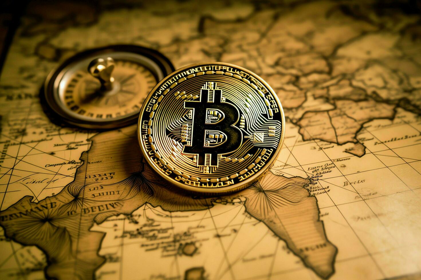 Golden bitcoin digital cryptocurrency futuristic money. Technology business internet trading concept by AI Generated photo