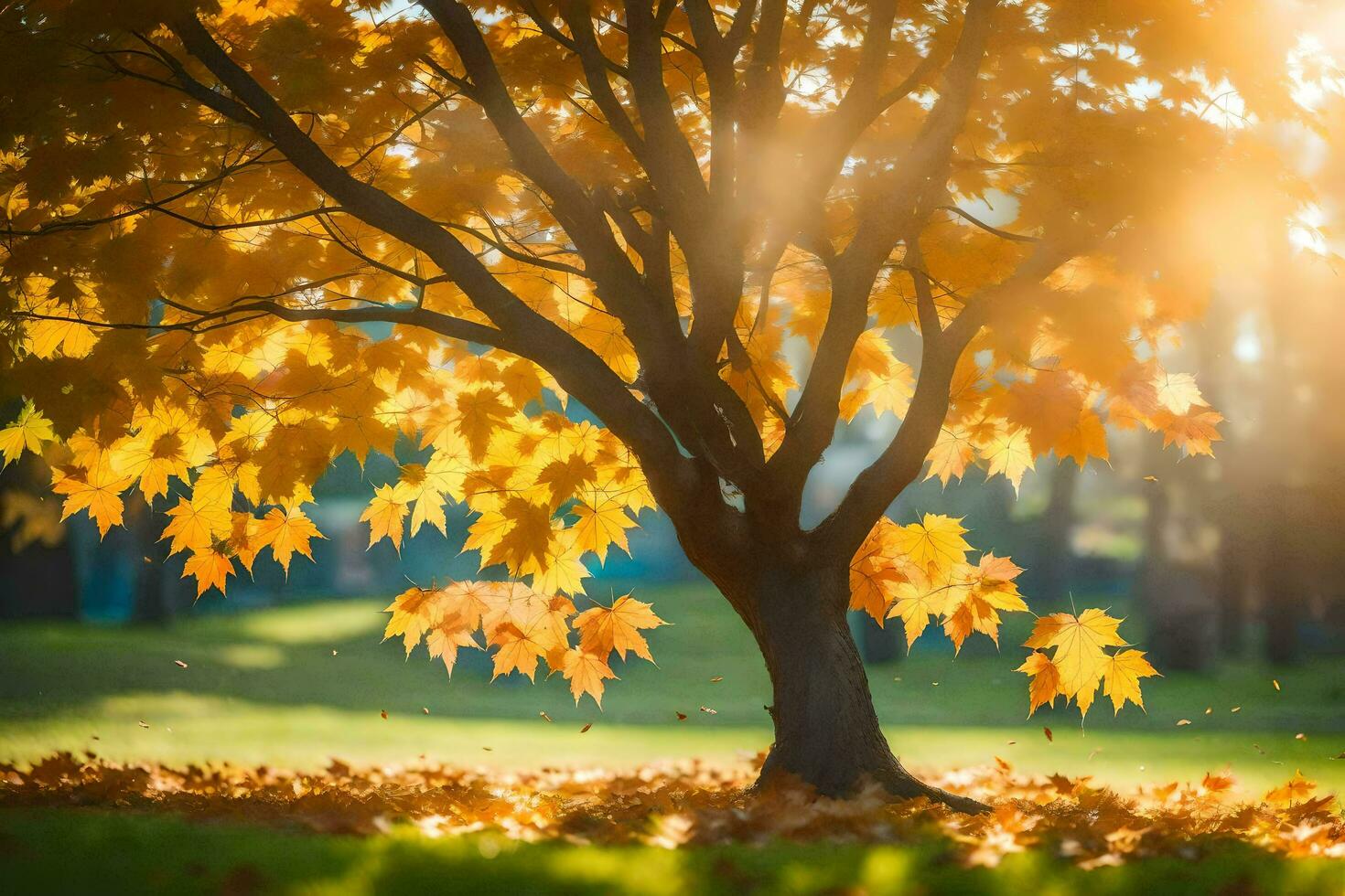 autumn tree with yellow leaves on the ground. AI-Generated photo