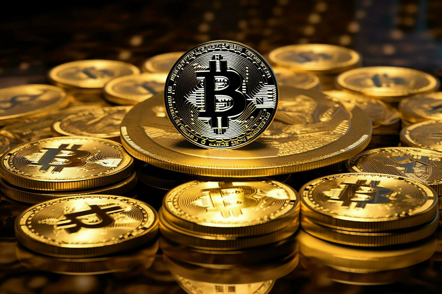 Golden bitcoin digital cryptocurrency futuristic money. Technology business internet trading concept by AI Generated photo
