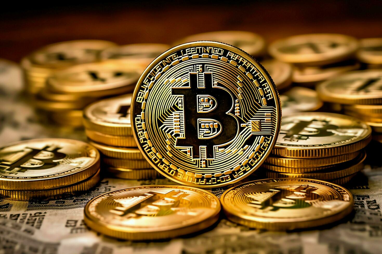 Golden bitcoin digital cryptocurrency futuristic money. Technology business internet trading concept by AI Generated photo