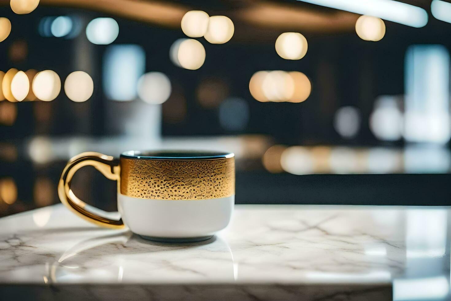 golden coffee mug on marble table. AI-Generated photo