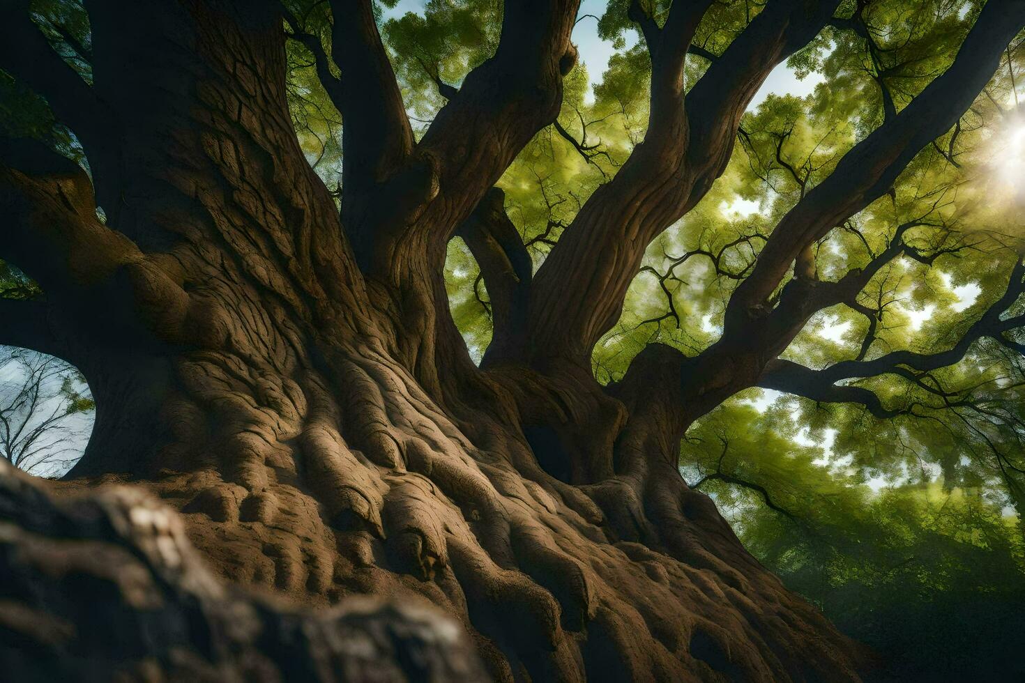 el Dom brilla mediante el ramas de un grande árbol. generado por ai foto