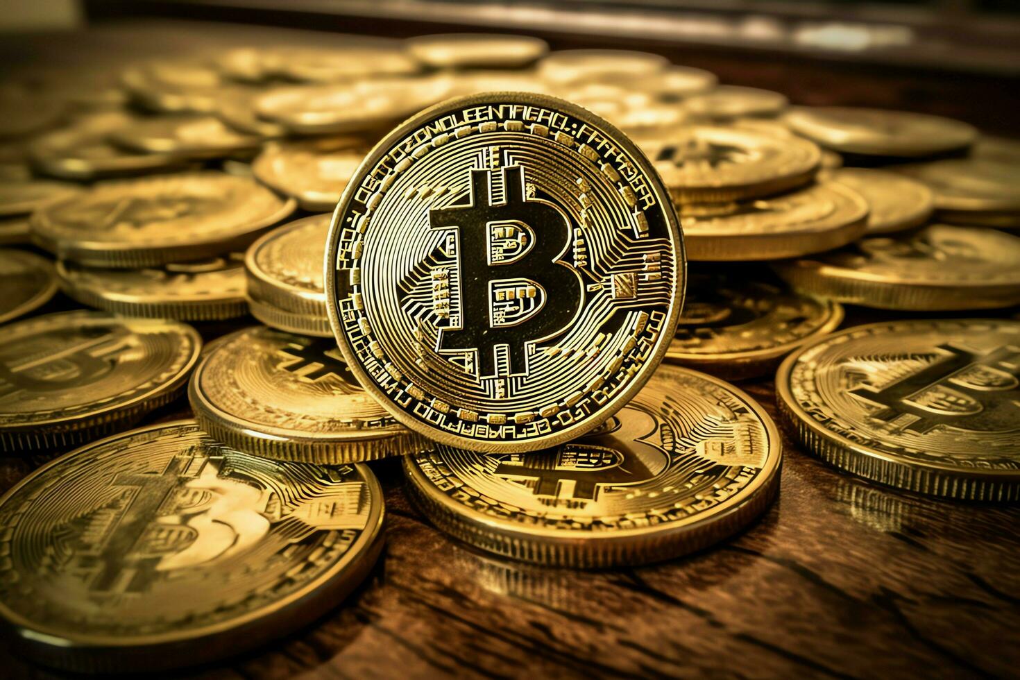 Golden bitcoin digital cryptocurrency futuristic money. Technology business internet trading concept by AI Generated photo