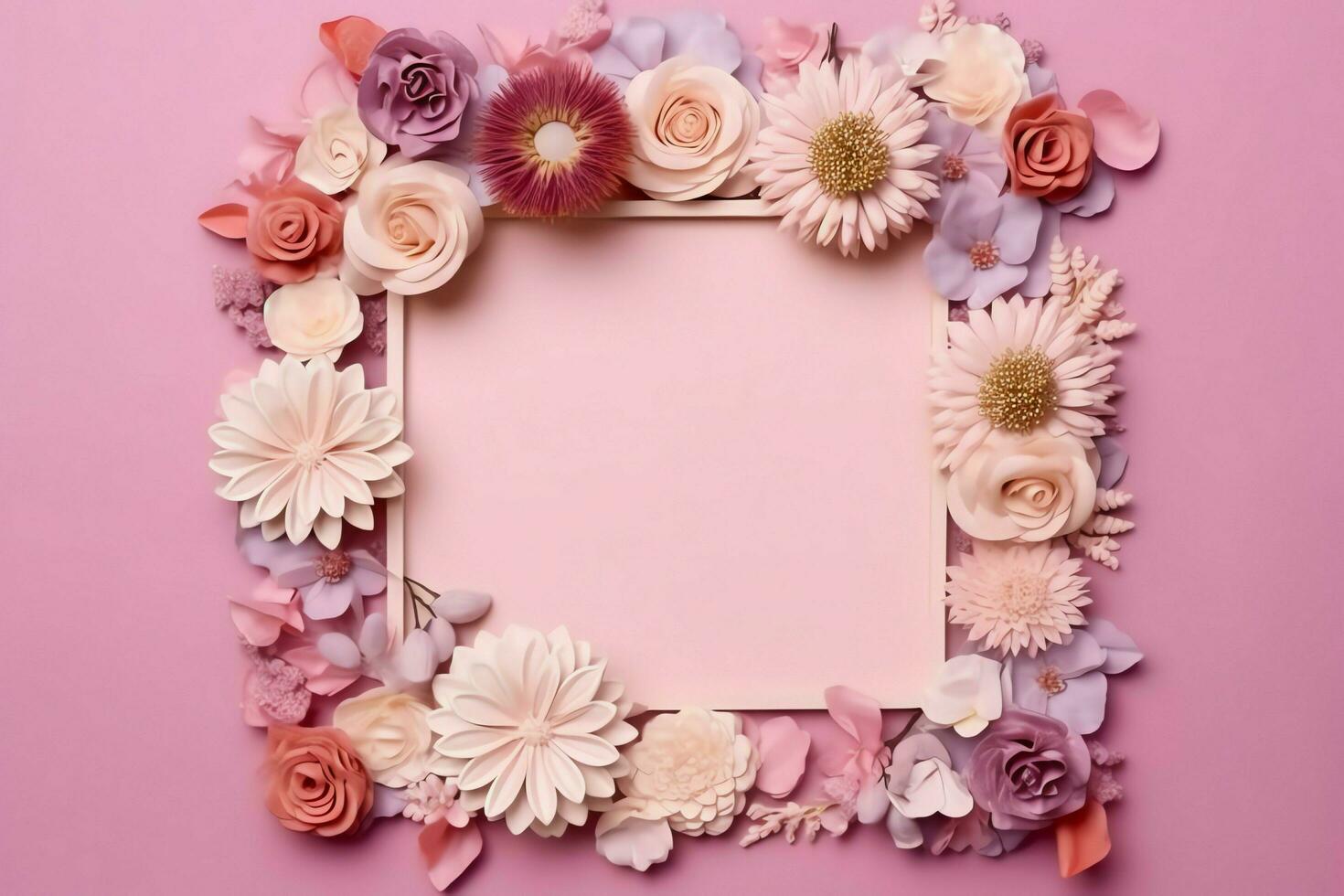 Romantic bouquet of blank floral pink blossoms with copy space. Natural floral rose frame layout concept by AI Generated photo