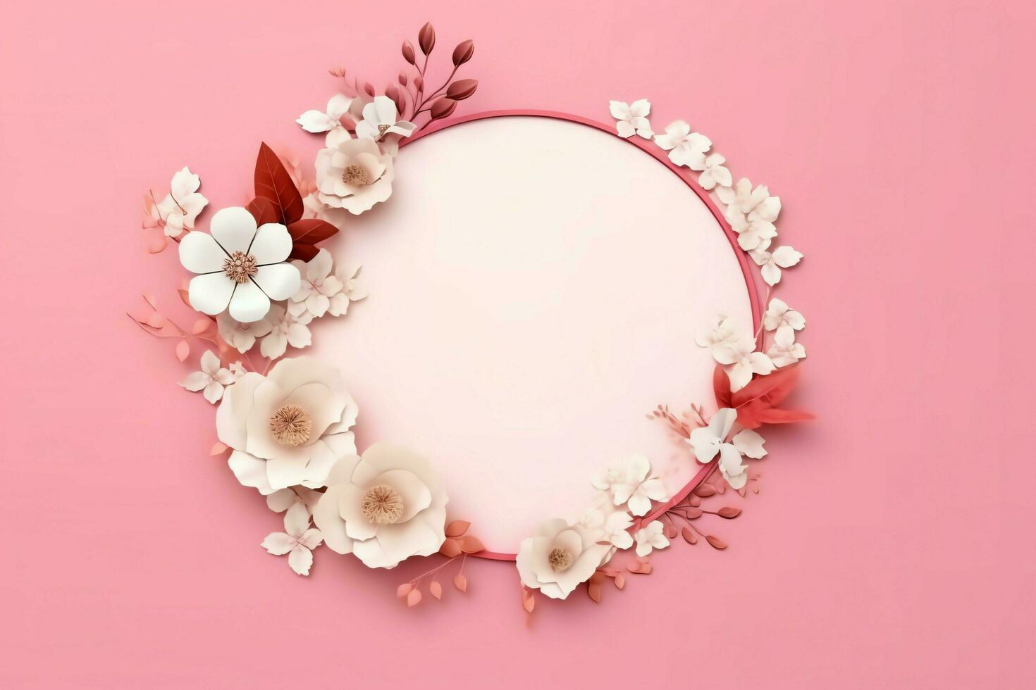 Romantic bouquet of blank floral pink blossoms with copy space. Natural floral rose frame layout concept by AI Generated photo