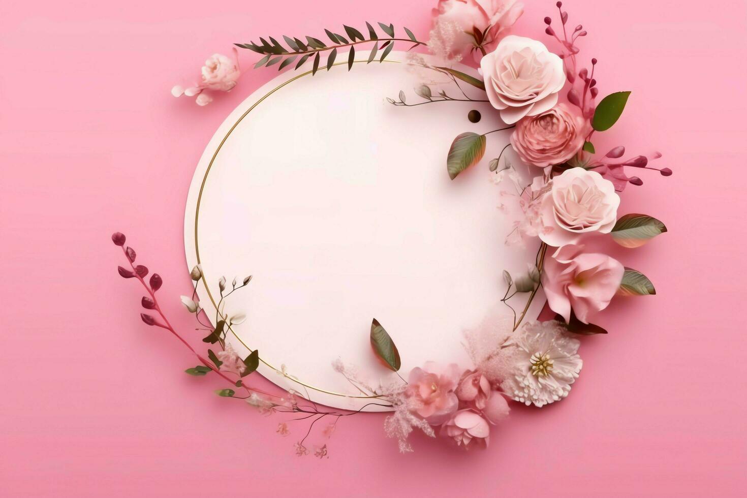 Romantic bouquet of blank floral pink blossoms with copy space. Natural floral rose frame layout concept by AI Generated photo