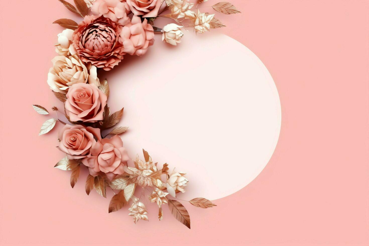 Romantic bouquet of blank floral pink blossoms with copy space. Natural floral rose frame layout concept by AI Generated photo