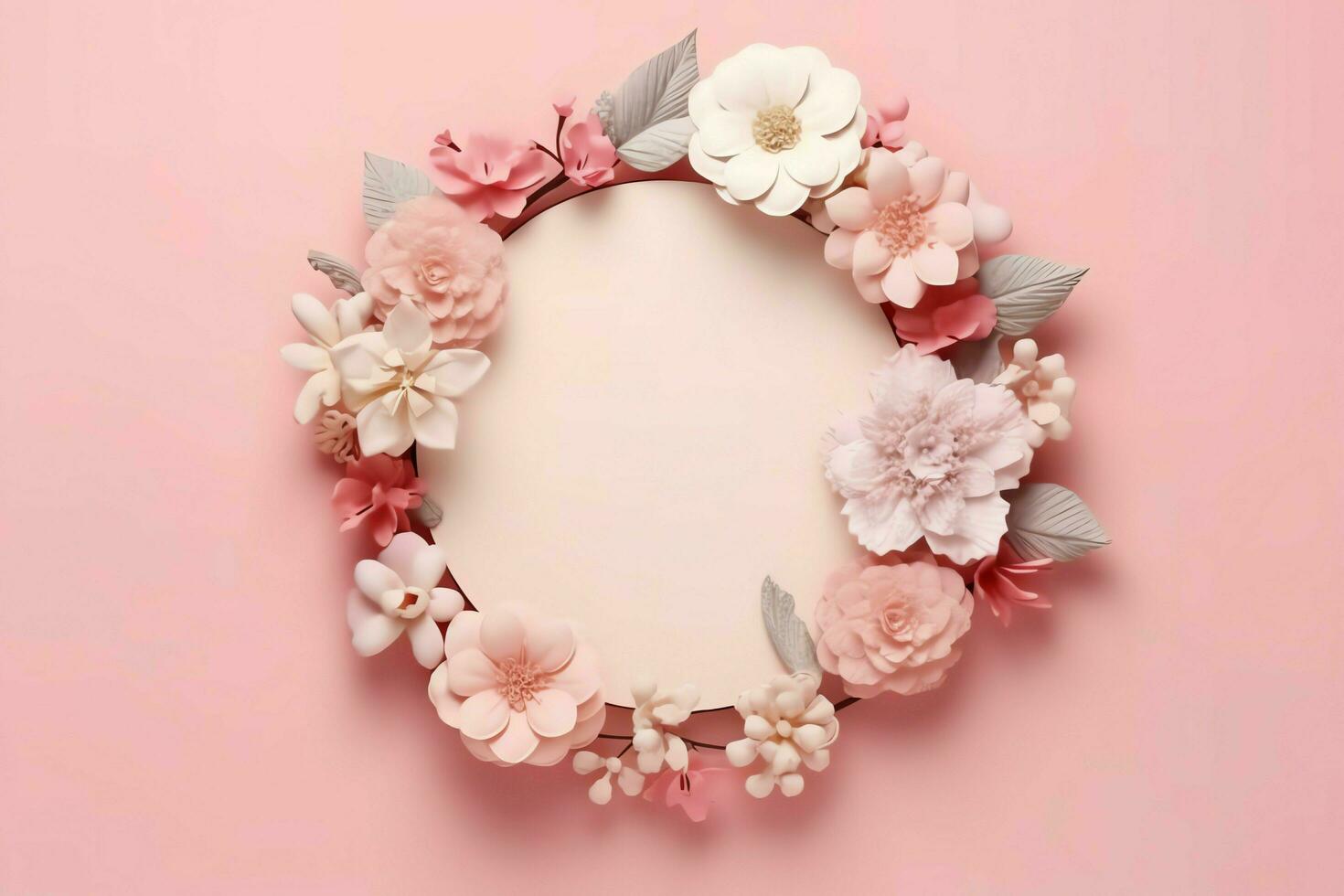 Romantic bouquet of blank floral pink blossoms with copy space. Natural floral rose frame layout concept by AI Generated photo