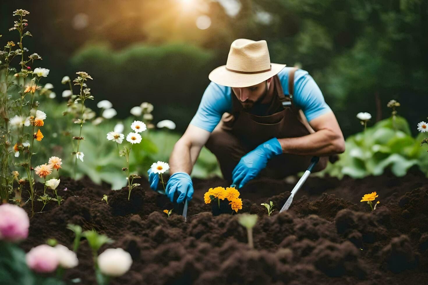 a man in a hat and overalls is kneeling in the dirt. AI-Generated photo