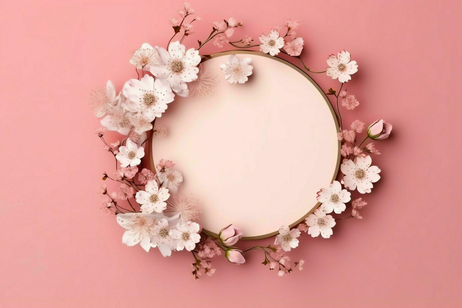 Romantic bouquet of blank floral pink blossoms with copy space. Natural floral rose frame layout concept by AI Generated photo