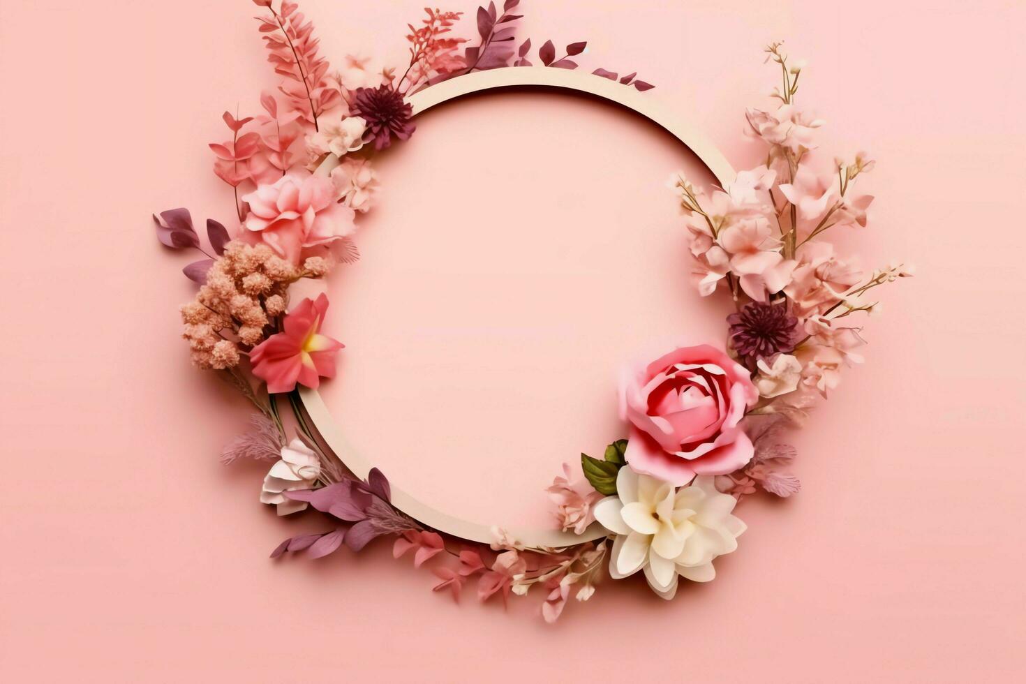 Romantic bouquet of blank floral pink blossoms with copy space. Natural floral rose frame layout concept by AI Generated photo