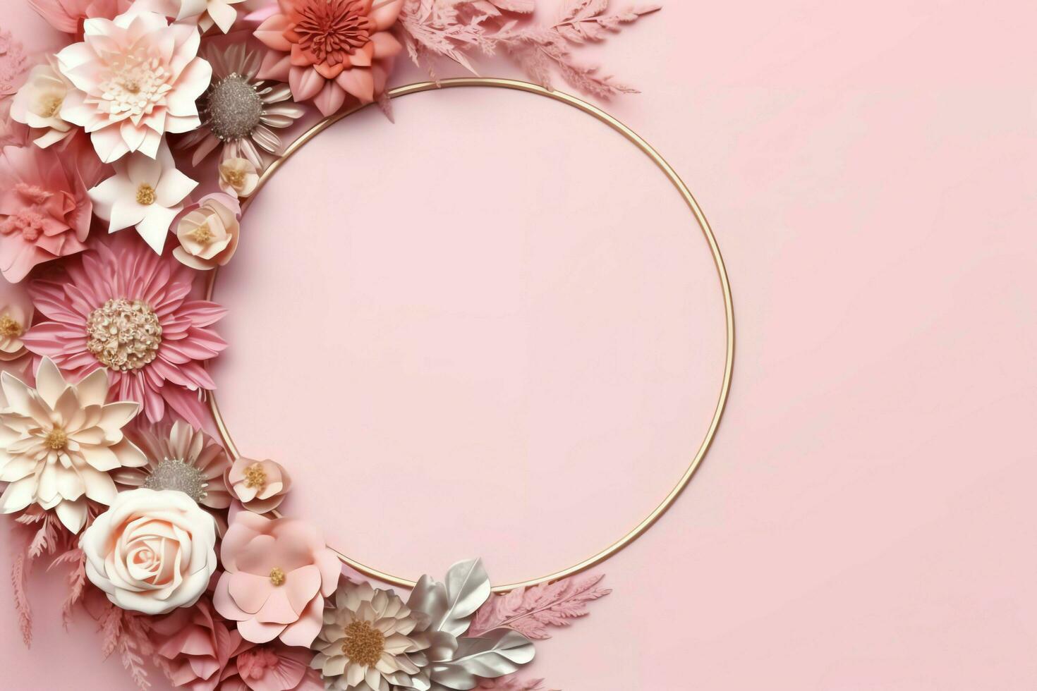 Romantic bouquet of blank floral pink blossoms with copy space. Natural floral rose frame layout concept by AI Generated photo