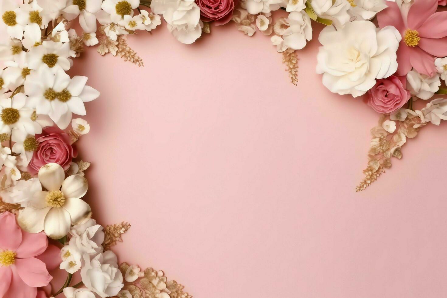 Romantic bouquet of blank floral pink blossoms with copy space. Natural floral rose frame layout concept by AI Generated photo