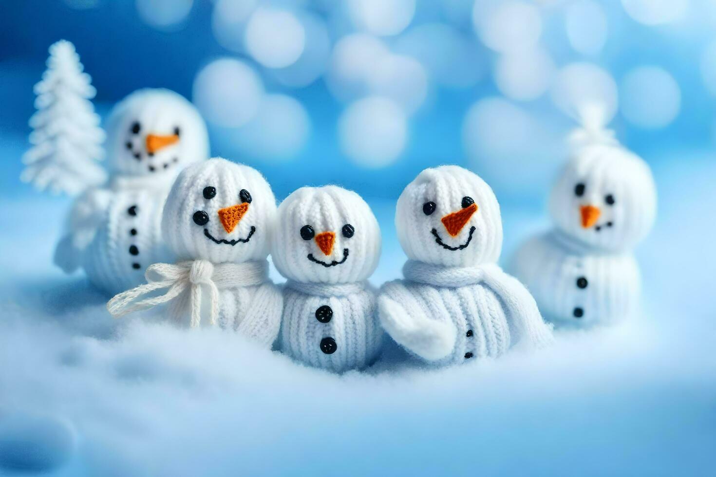 snowmen are made of knit wool and are sitting in a group. AI-Generated photo