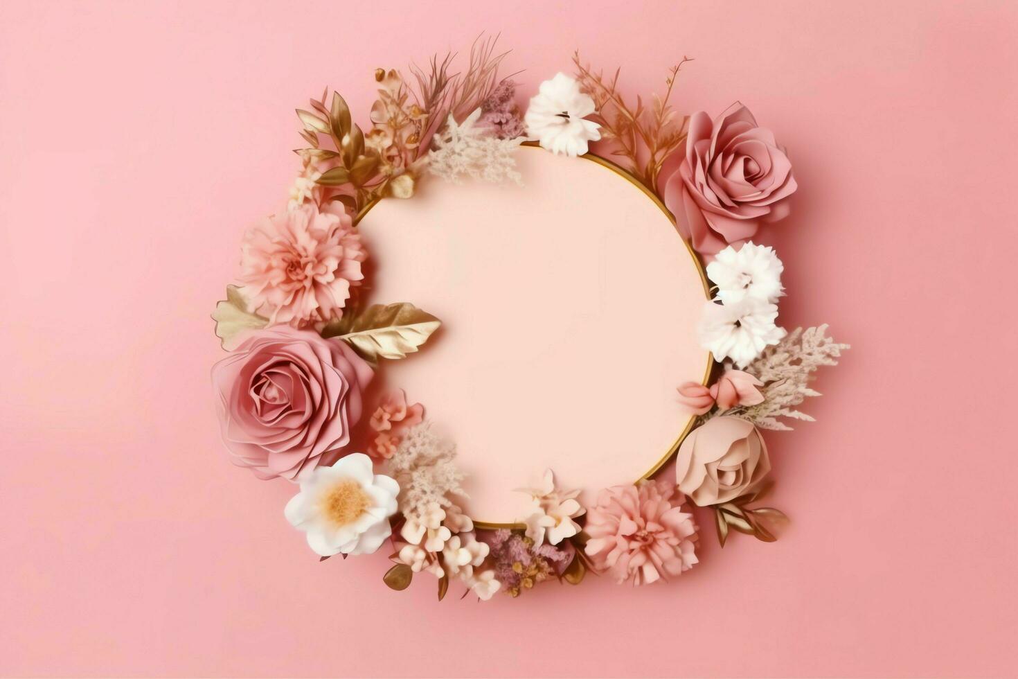 Romantic bouquet of blank floral pink blossoms with copy space. Natural floral rose frame layout concept by AI Generated photo