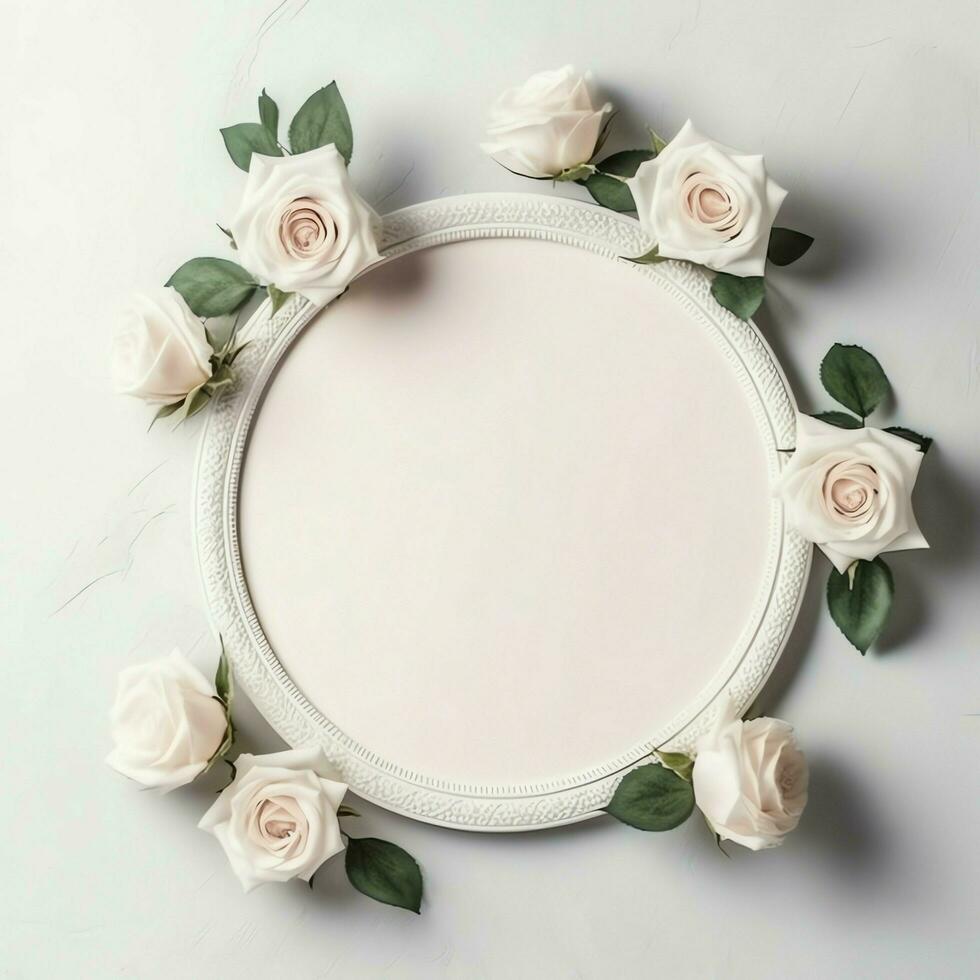 Romantic bouquet of blank floral pink blossoms with copy space. Natural floral rose frame layout concept by AI Generated photo