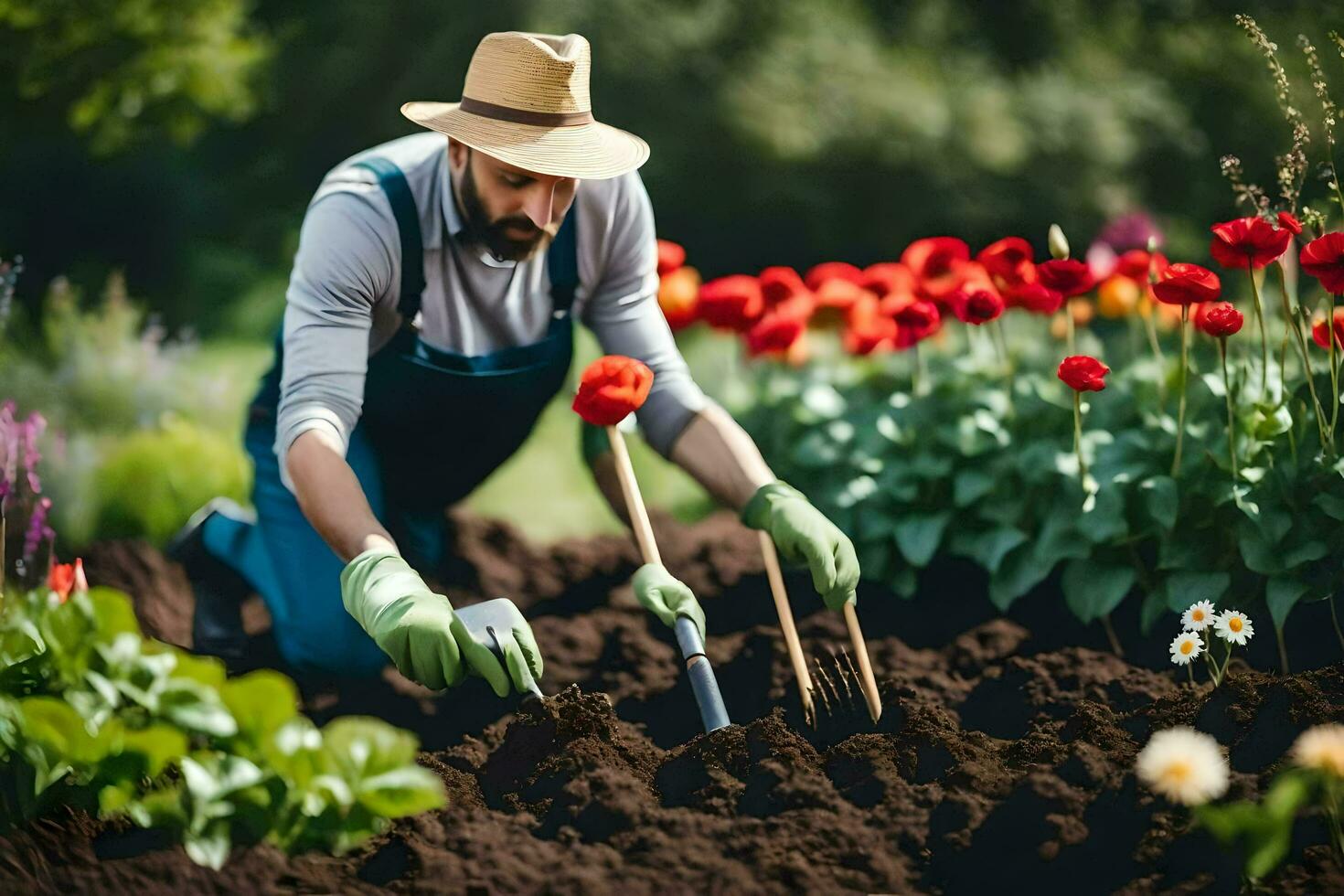 a man in a hat and overalls is digging in the garden. AI-Generated photo